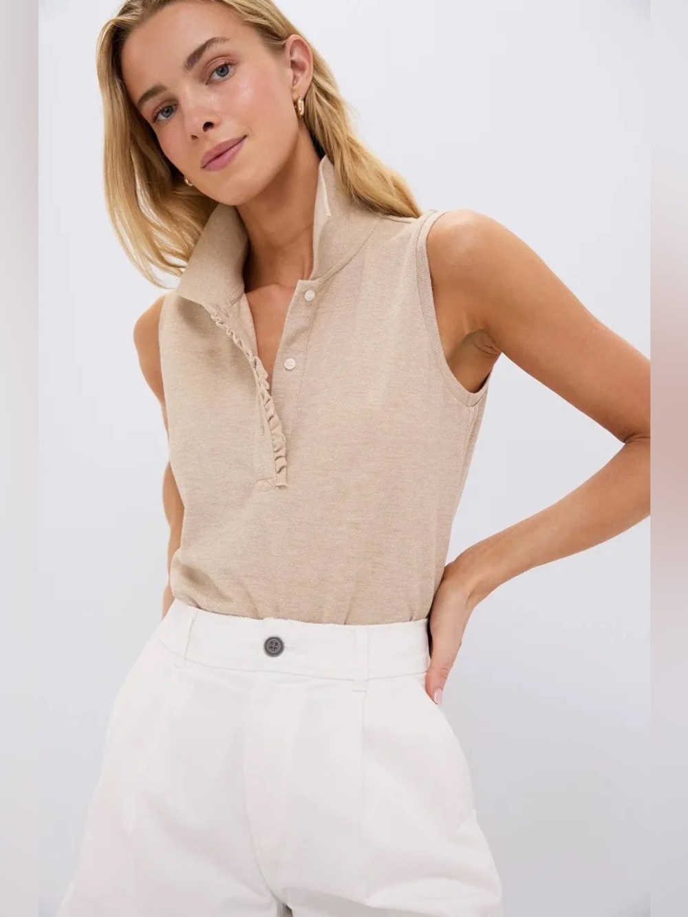 TUCKERNUCK Sandstone Pique Sleeveless Ruffle Margaret Polo NWT
